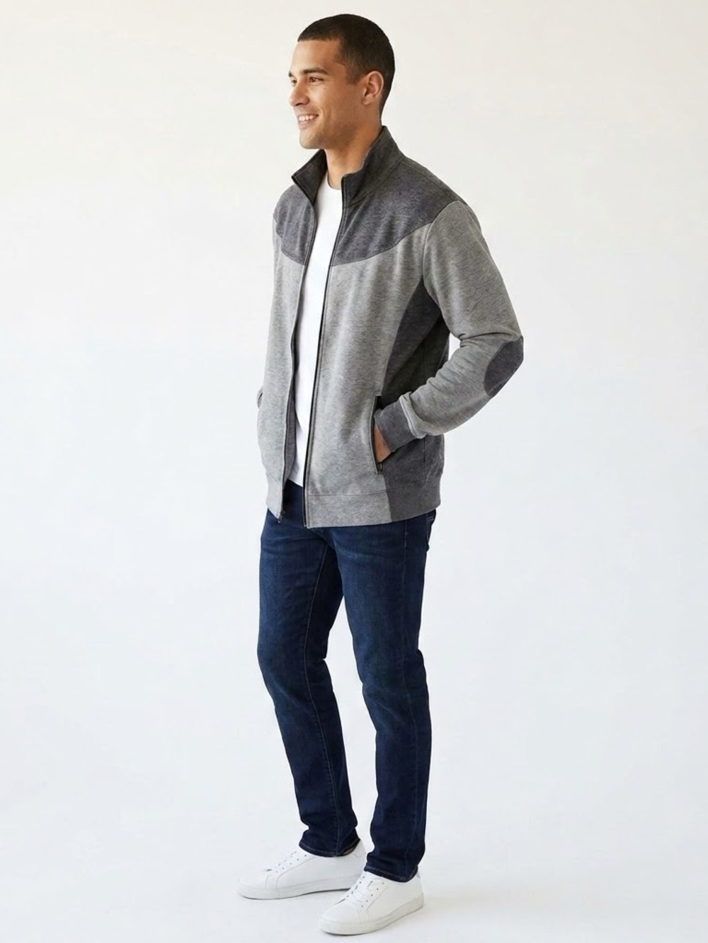 Rock & Republic Men's Size L Two-Tone Full Zip Jacket Gray Elbow Patches